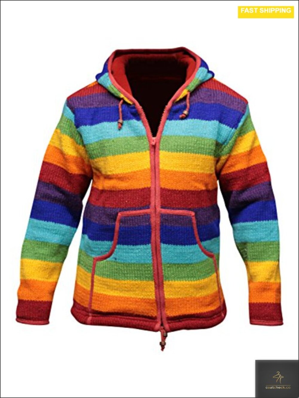 Men's Rainbow Stripe Zip Up Wool Hooded Winter Jacket Fleece Lined